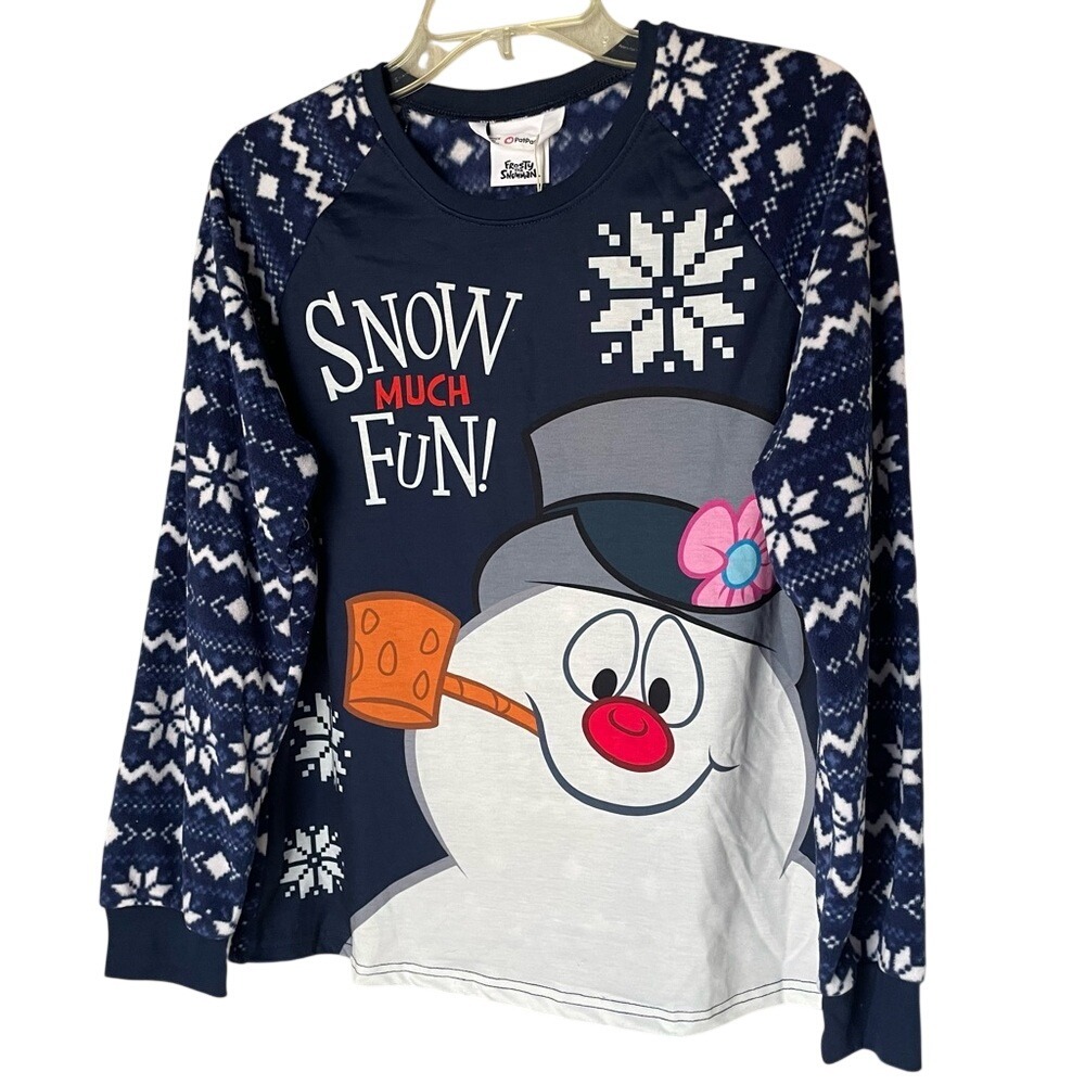 Frosty the Snowman Christmas Fleece with Snowflake Print Pajama Top, S